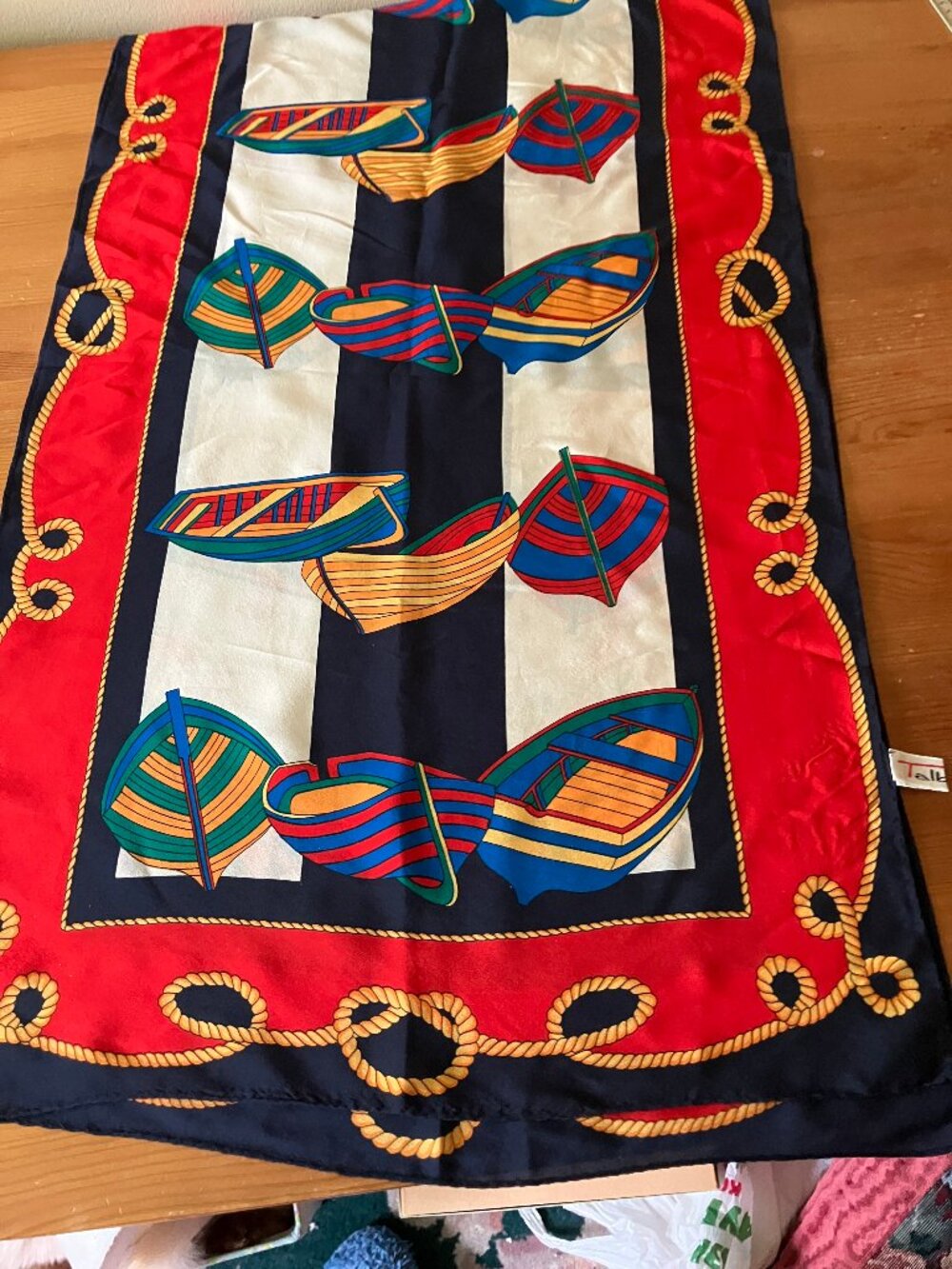 TALBOTS Ladies' Silk Scarf Colorful Boats print  Hand rolled Size 17,5x59
